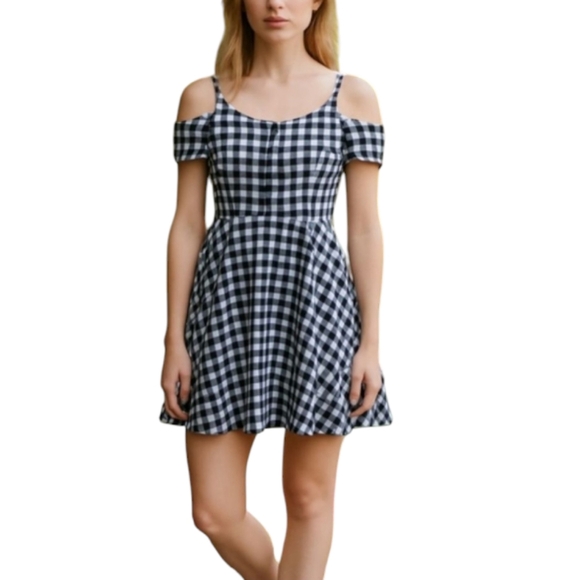 J.O.A  x Revolve Blue Gingham off shoulder sleeves Cotton Flare Dress  NWT Sz M - Picture 1 of 13